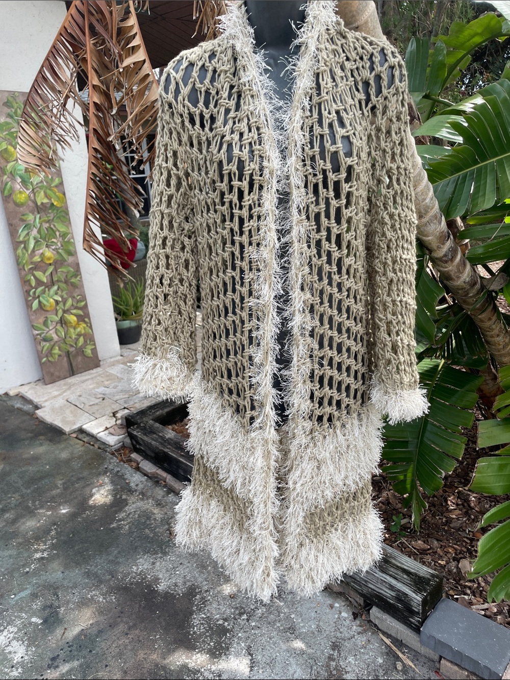 crochet convertible sweater with fuzzy Sherpa like trim